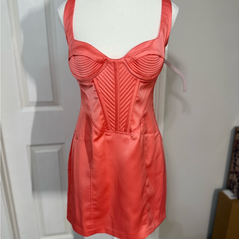 NWOT Bardot Coral Satin Bustier Dress